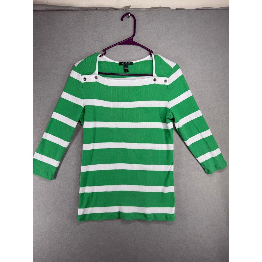 Lauren Ralph Lauren Green White Striped Square‎ Neck Button Top Womens Large L